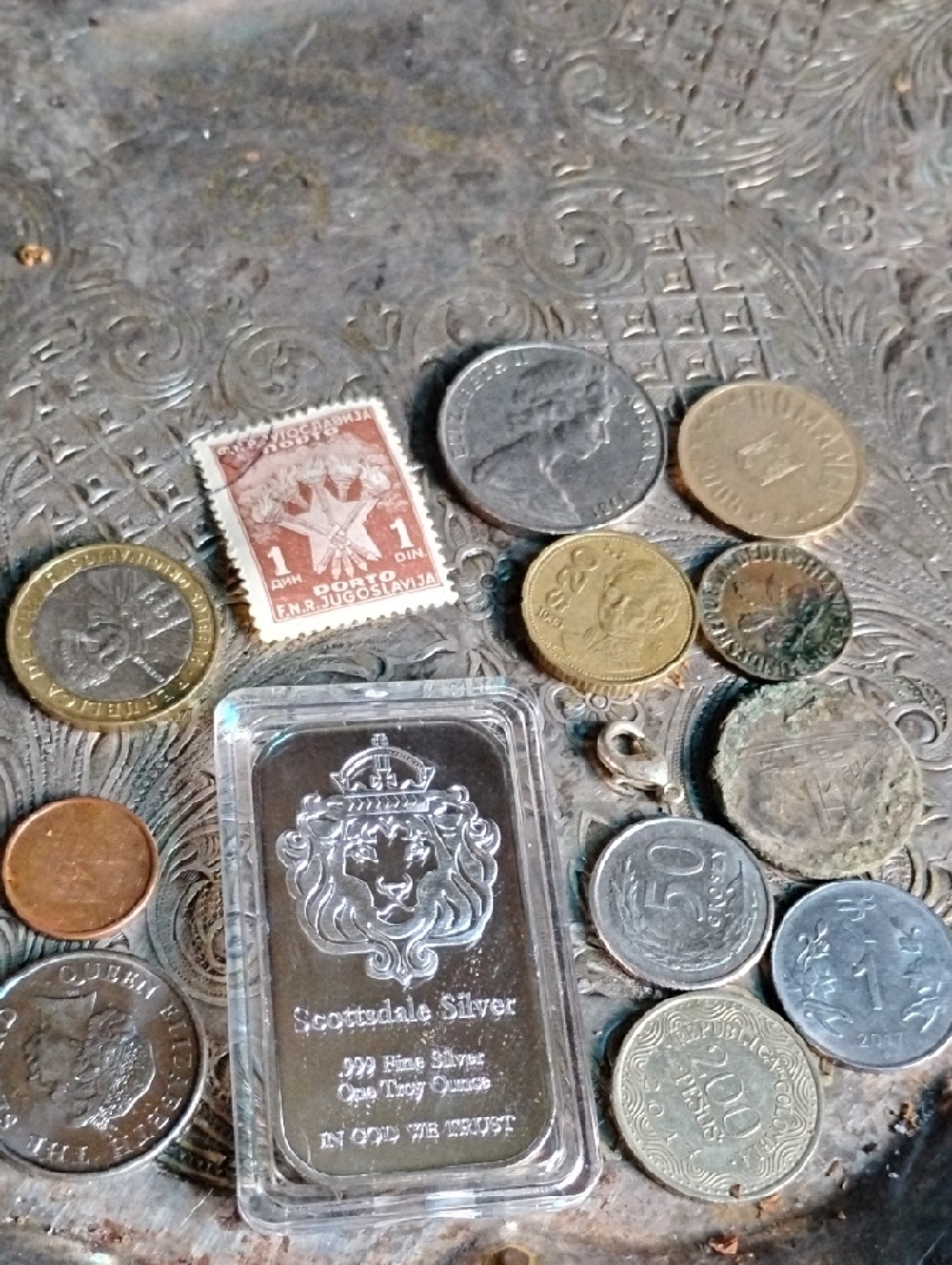 Scottsdale Silver 1 oz .999 Fine Plated Silver Bar with Mixed Coins